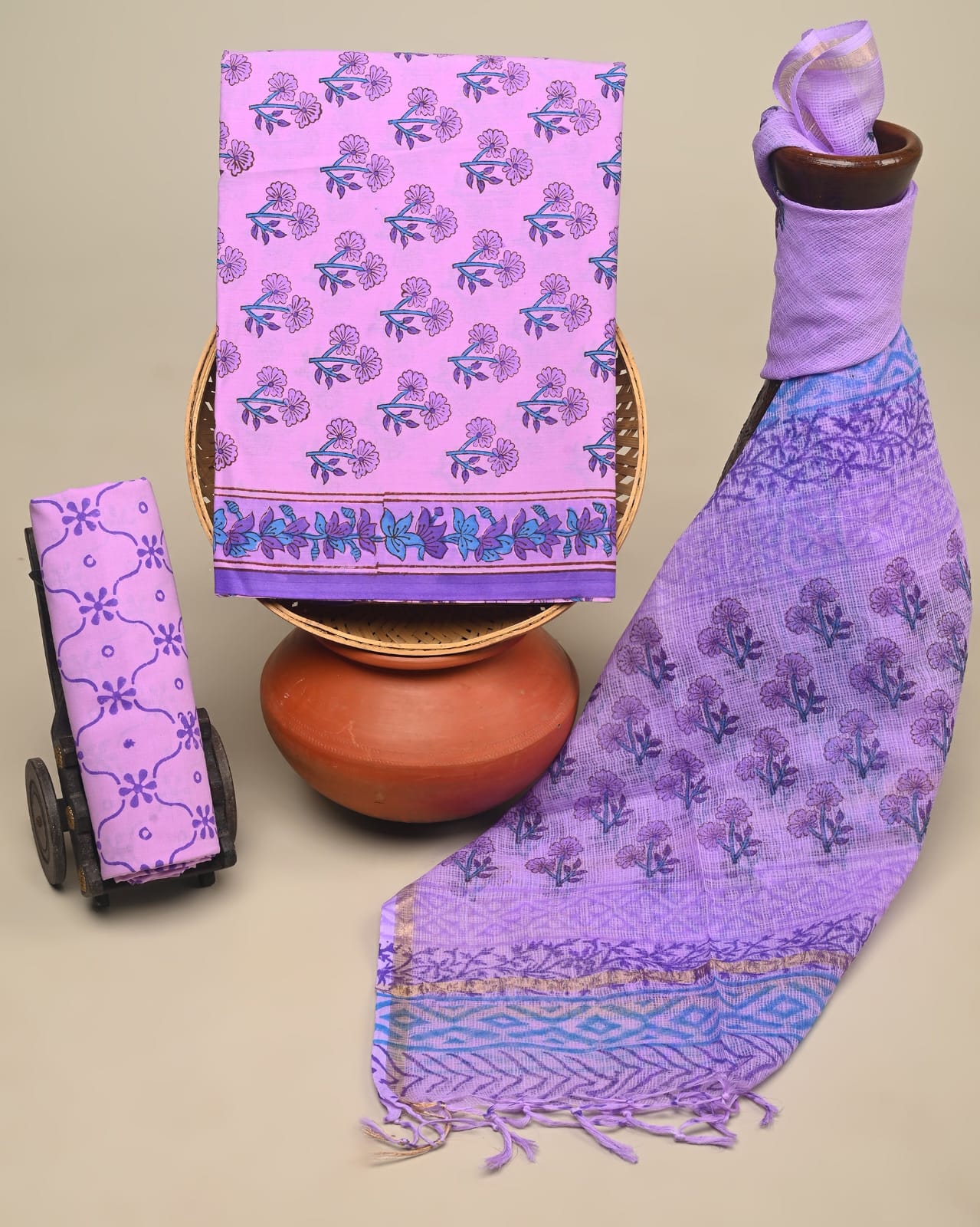 Wholesale Kota Doria Purple Butti Dress Material – Artisan handblock printed fabric for designers, boutiques & bulk orders